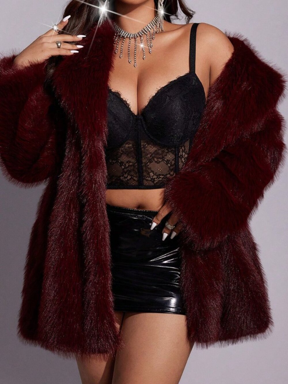 Burgundy Casual Women's Loose Mid-Length Faux Fur Coat